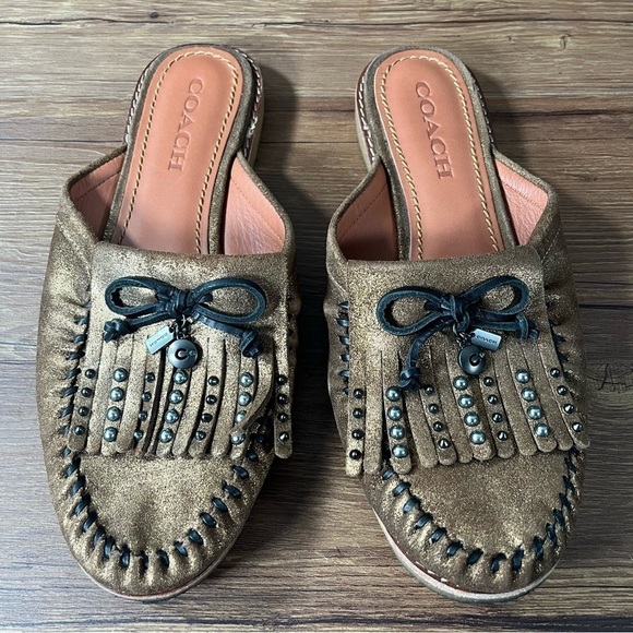 Coach Roccasin Gold Leather Slip-On Mules Clogs Flats Women’s Size 8.5 Shoes - Picture 1 of 6